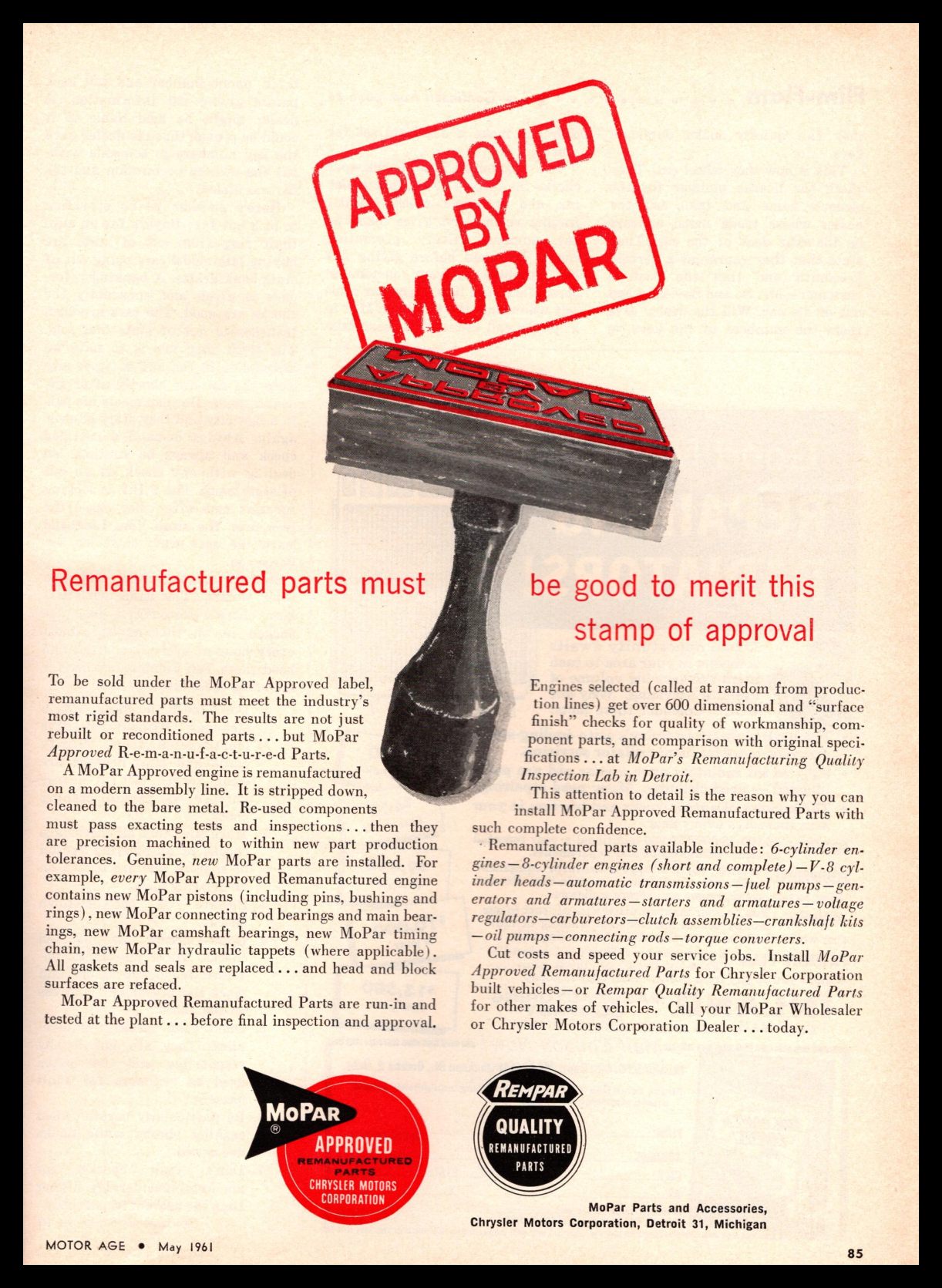 ebay motor parts on 1961 Mopar Rempar Parts Approved By Mopar Rubber Stamp Of Approval Print Ad Ebay